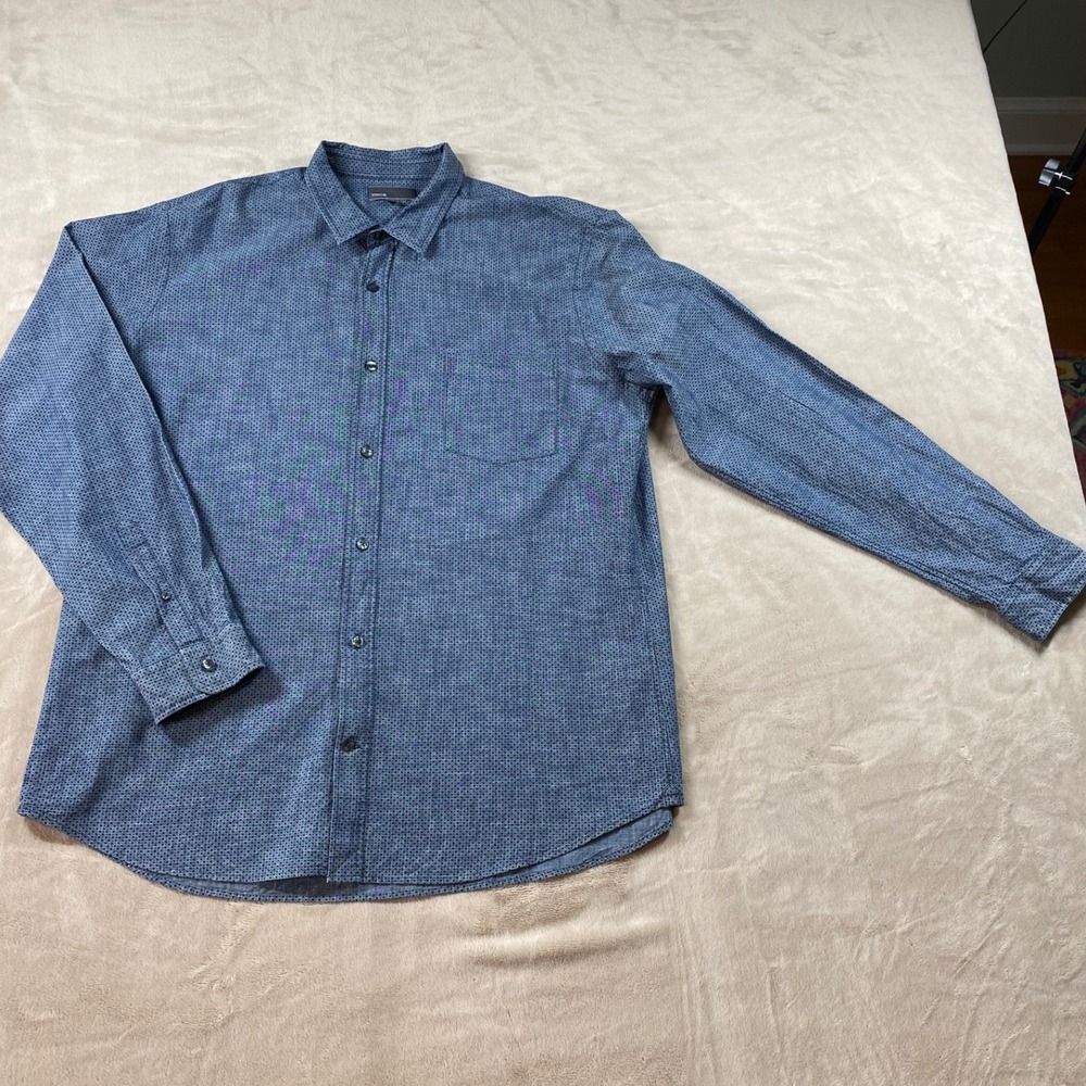 Vince Mens XXL Blue Micro Dot Cotton Long Sleeve Button Down Dress Shirt Pocket